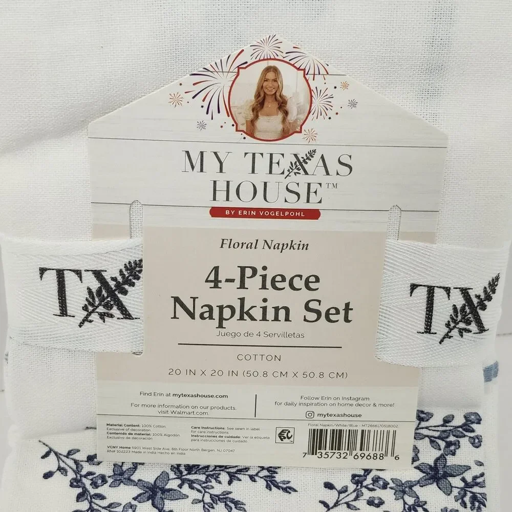 My Texas House Floral Napkin Set 4-Piece White Blue Cotton 20x20 Dinner Napkins